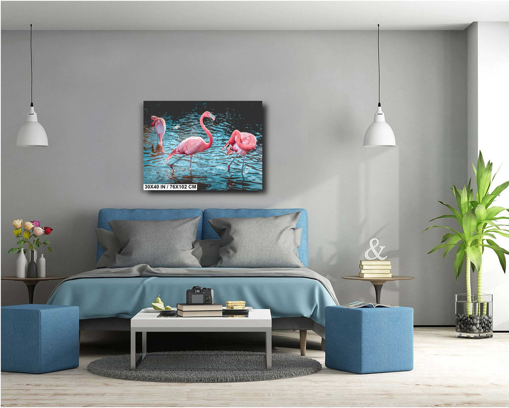 Bird Bath Time: Three Pink Flamingos Posing in the Water Wall Art Metal Canvas Print Bird Photography