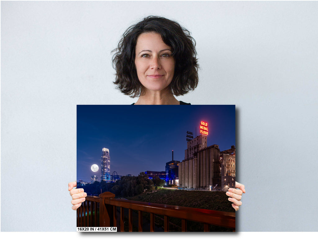 Minneapolis Night Skyline: Gold Medal Flour Mill, Super Moon Photography Wall Art