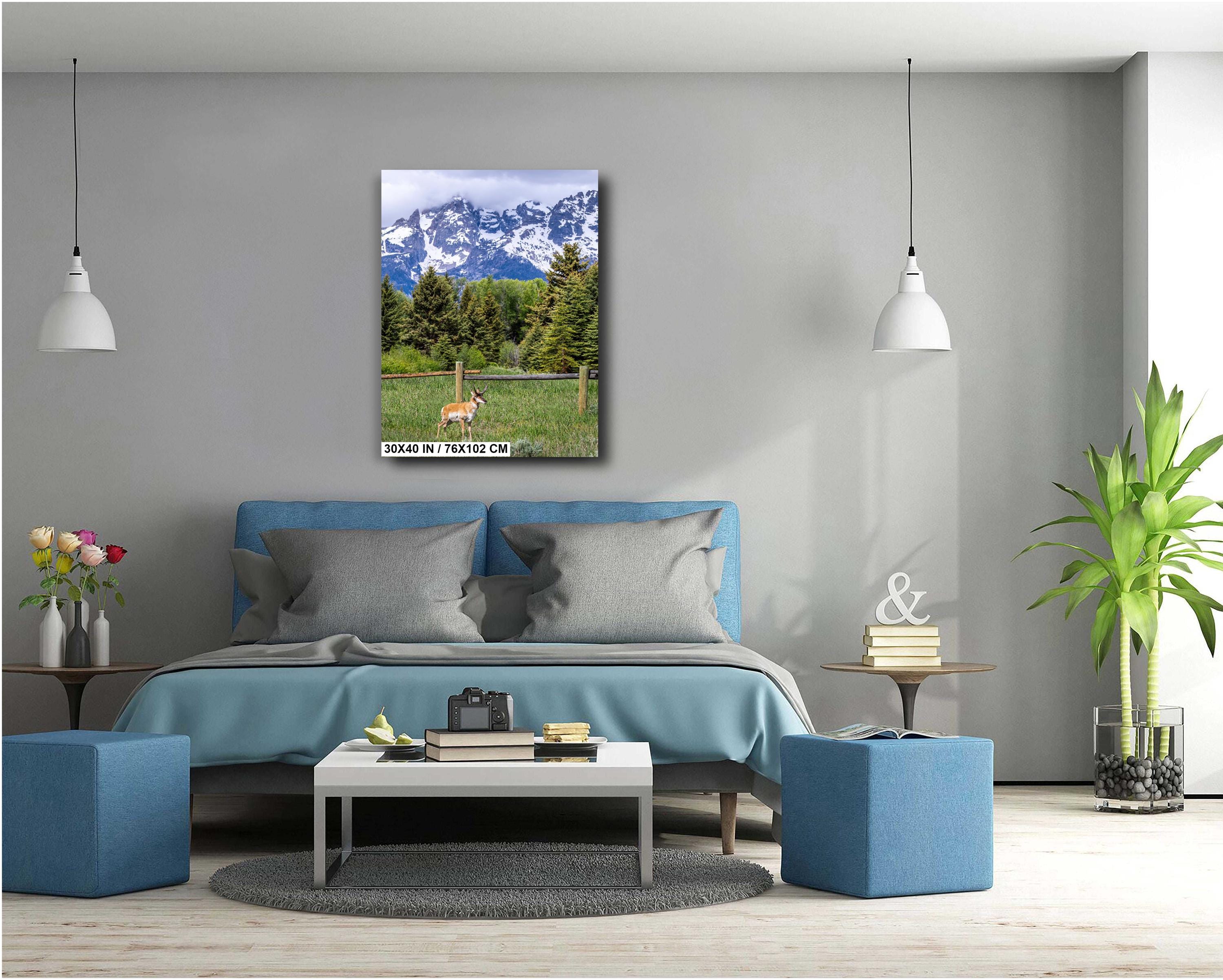 Teton Pronghorn: Wyoming Pronghorn Among Pine Trees and Grand Teton National Park's Snowcapped Mountains Metal Canvas Wall Art