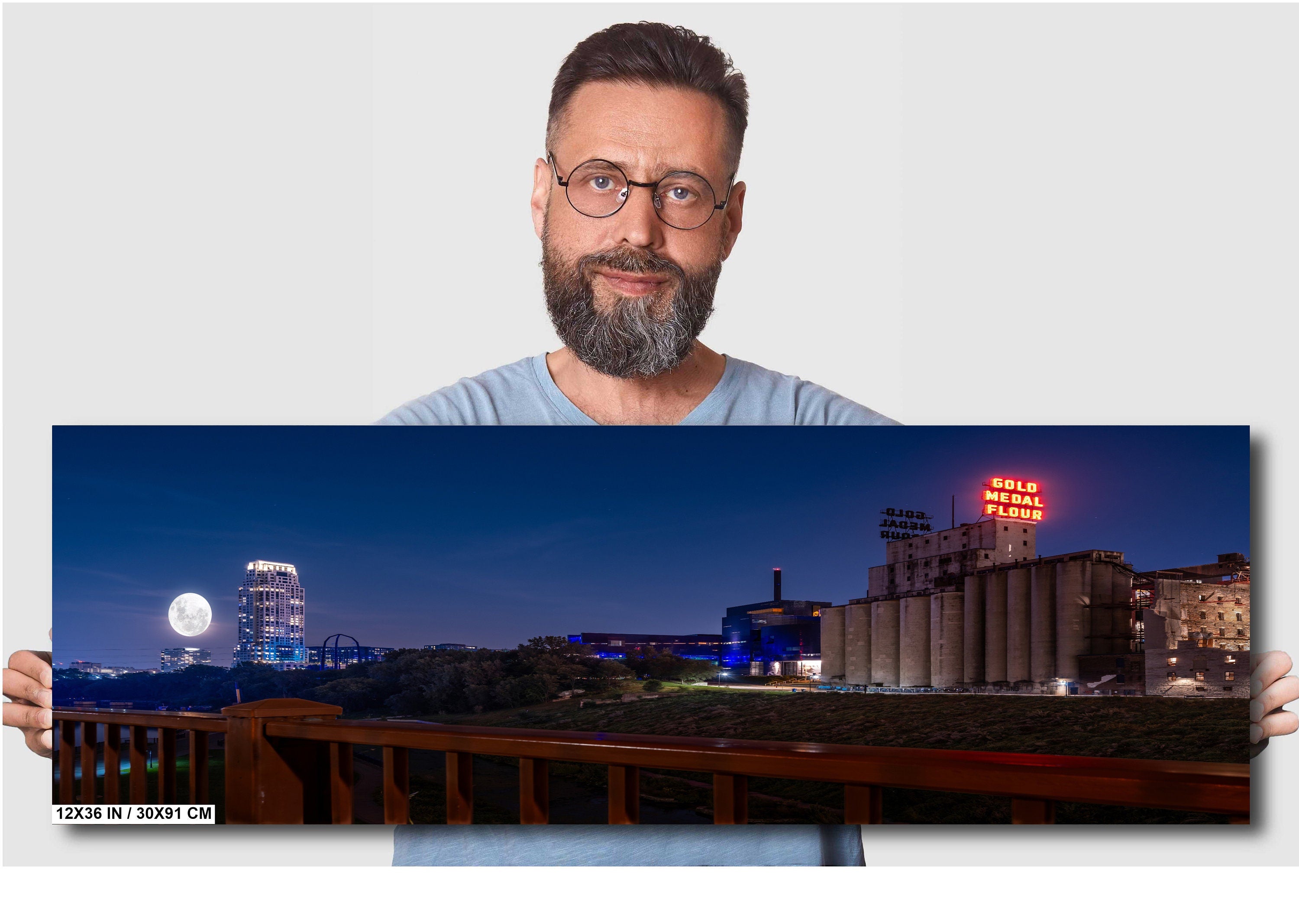 Minneapolis Night Skyline: Gold Medal Flour Mill, Super Moon Photography Wall Art
