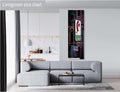 A three-panel vertical triptych art print of "The Redhead Piano Bar" neon sign, measuring 24 x72 inches, mounted on a light grey wall above a modern grey sectional sofa in a bright living room with a view of a kitchen.