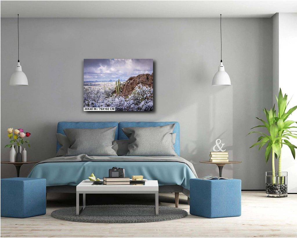Snowy Saguaro Cactus Print: Arizona Desert Winter Landscape Photography