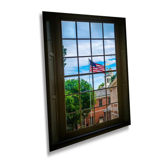 Patriotic View: Viewing USA Flag from Independence Hall Window Print Philadelphia Pennsylvania Wall Art - Aluminum/Acrylic/Metal/Canvas