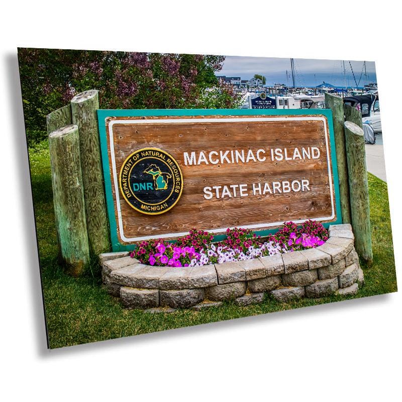 Mackinac Island State Harbor Sign: Michigan Travel Photography Wall Art