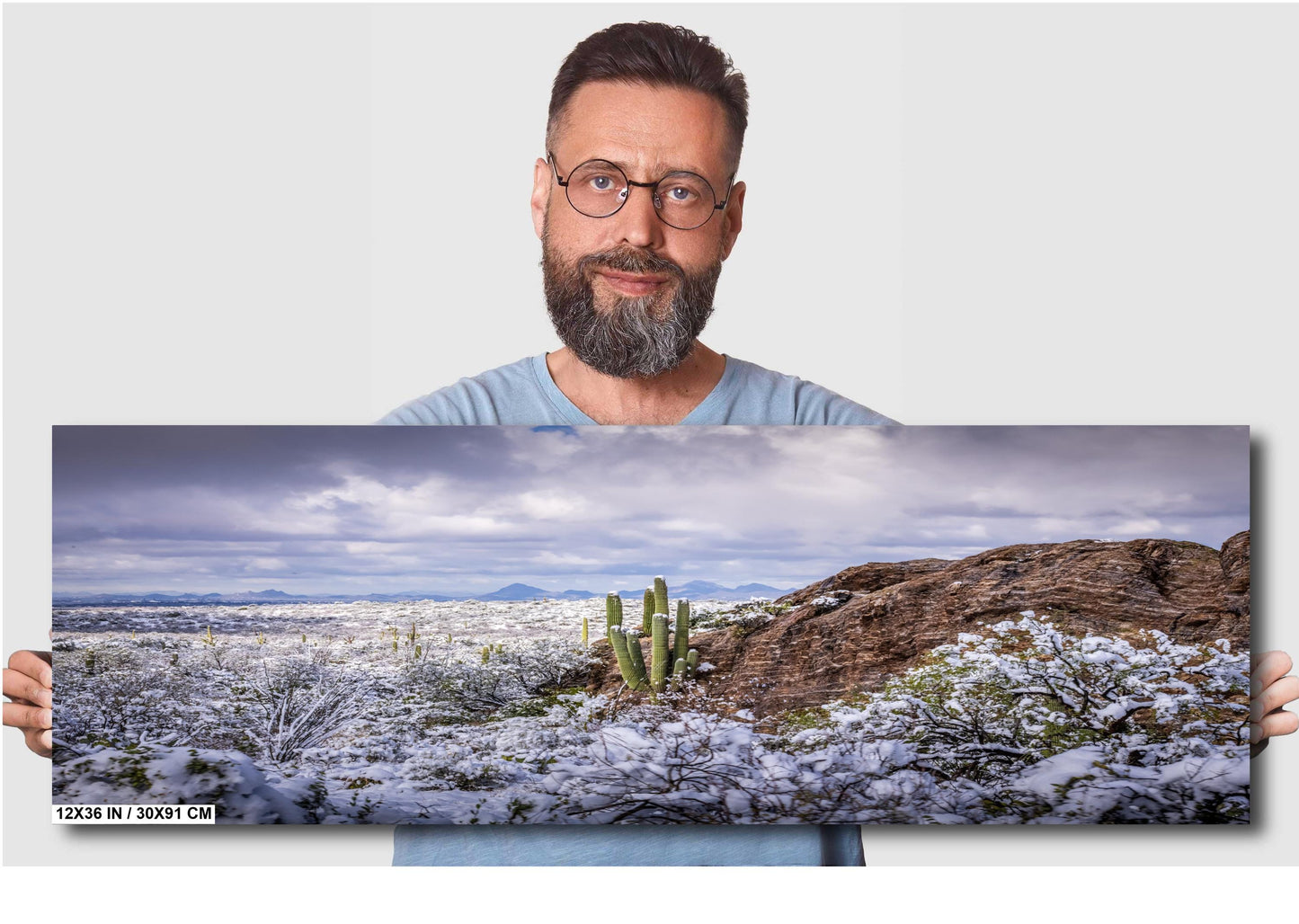 Snowy Saguaro Cactus Print: Arizona Desert Winter Landscape Photography