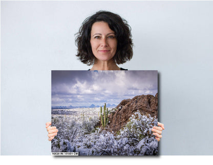 Snowy Saguaro Cactus Print: Arizona Desert Winter Landscape Photography