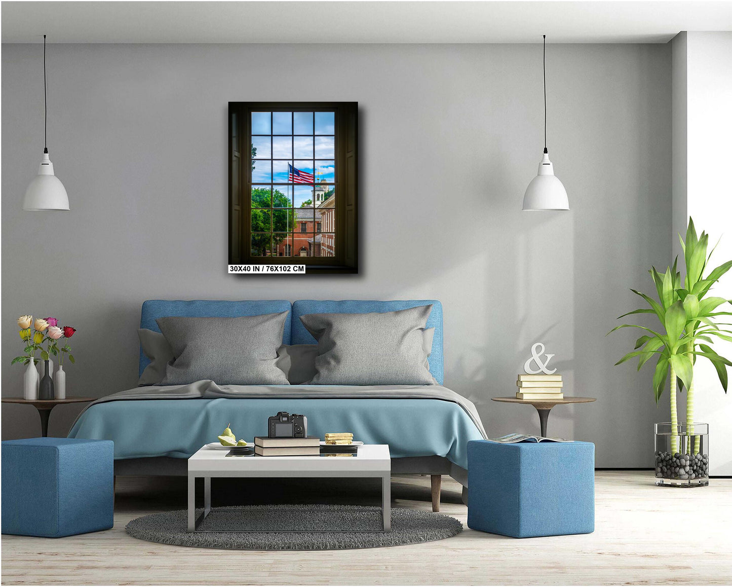 Independence Hall Window View: Philadelphia USA Flag Wall Art Print