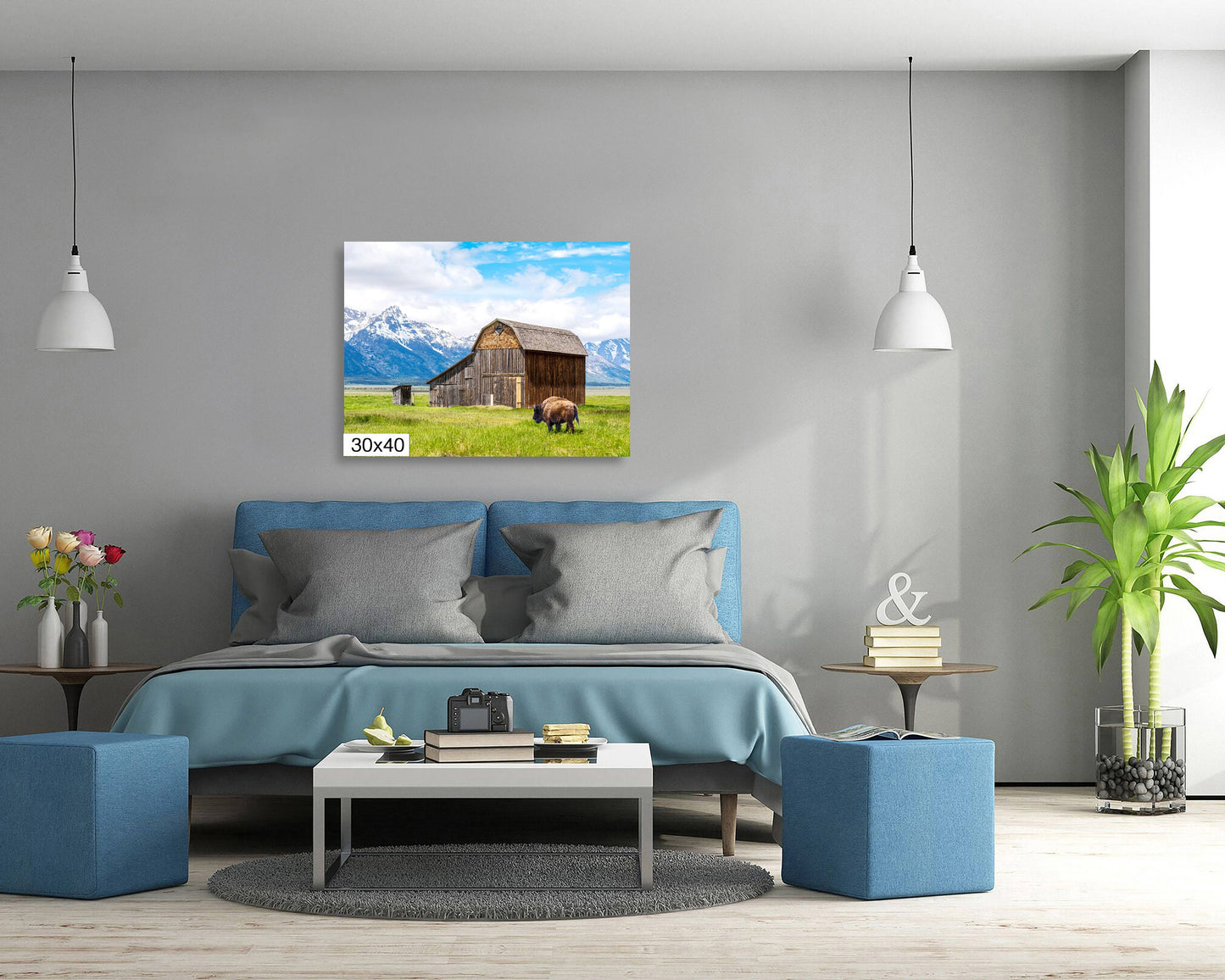 Bison's Haven: Thomas Murphy Barn Snow-capped Mountain Canvas Metal Print Grand Teton National Park Photography Landscape Wall Art