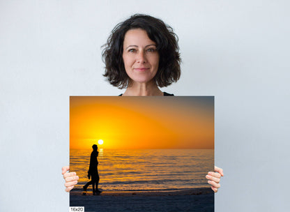 Shadows of Romance: Couple Silhouette Stroll Wall Art  Sunset Beach Florida Seascape Photography Canvas Print