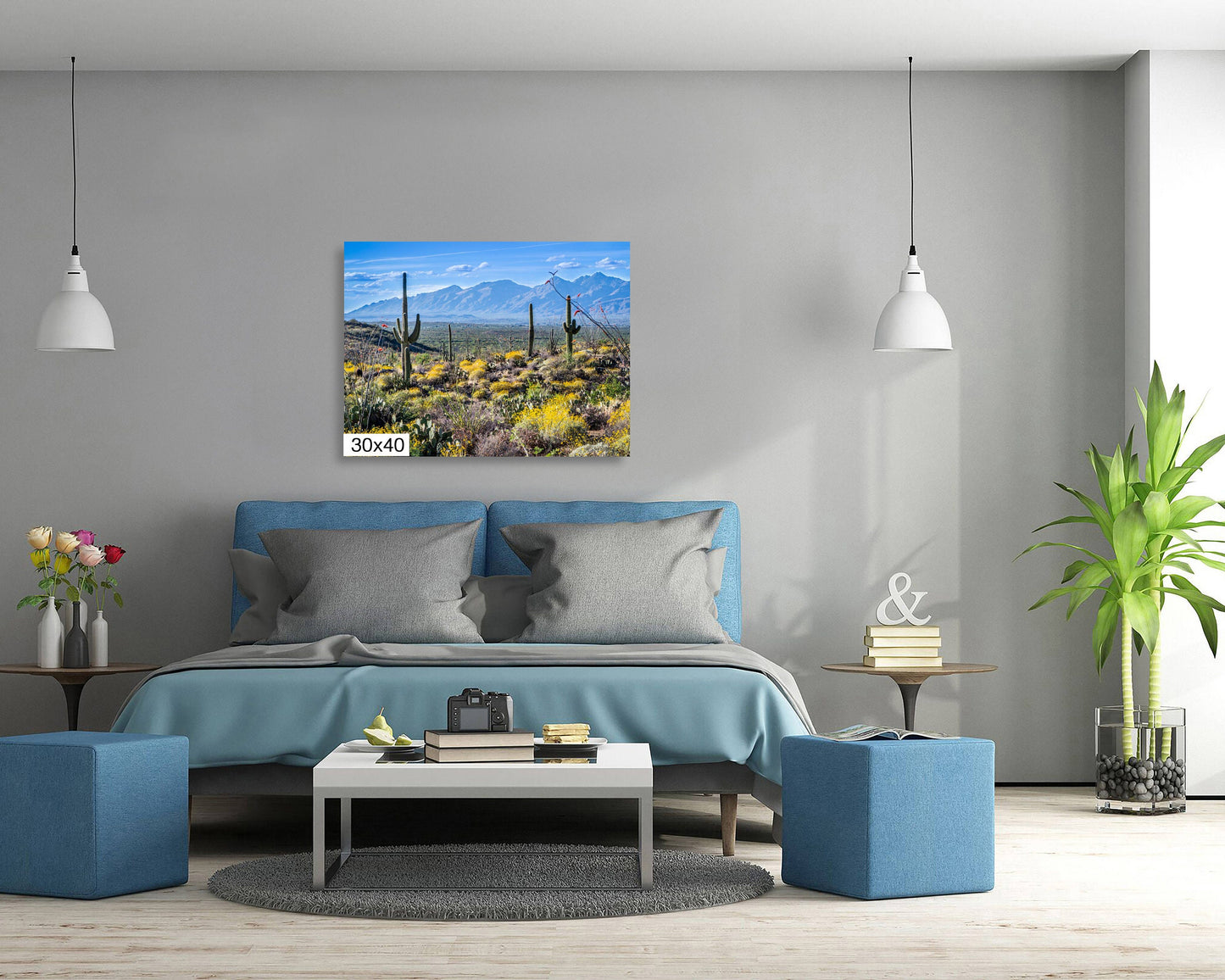 Nature's Contrast: Yellow Desert Cactus Saguaro National Park Wall Art Photography