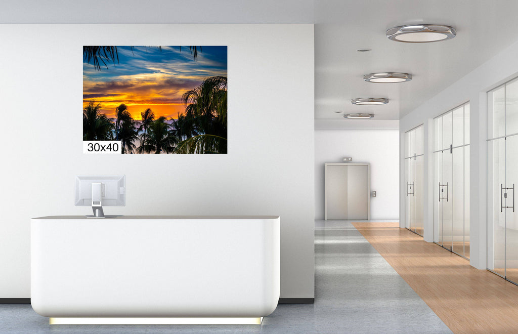 Golden Hour Bliss: Key West Palm Tree Sunset Photography Florida Seascape Canvas Print  Silhouette Wall Art