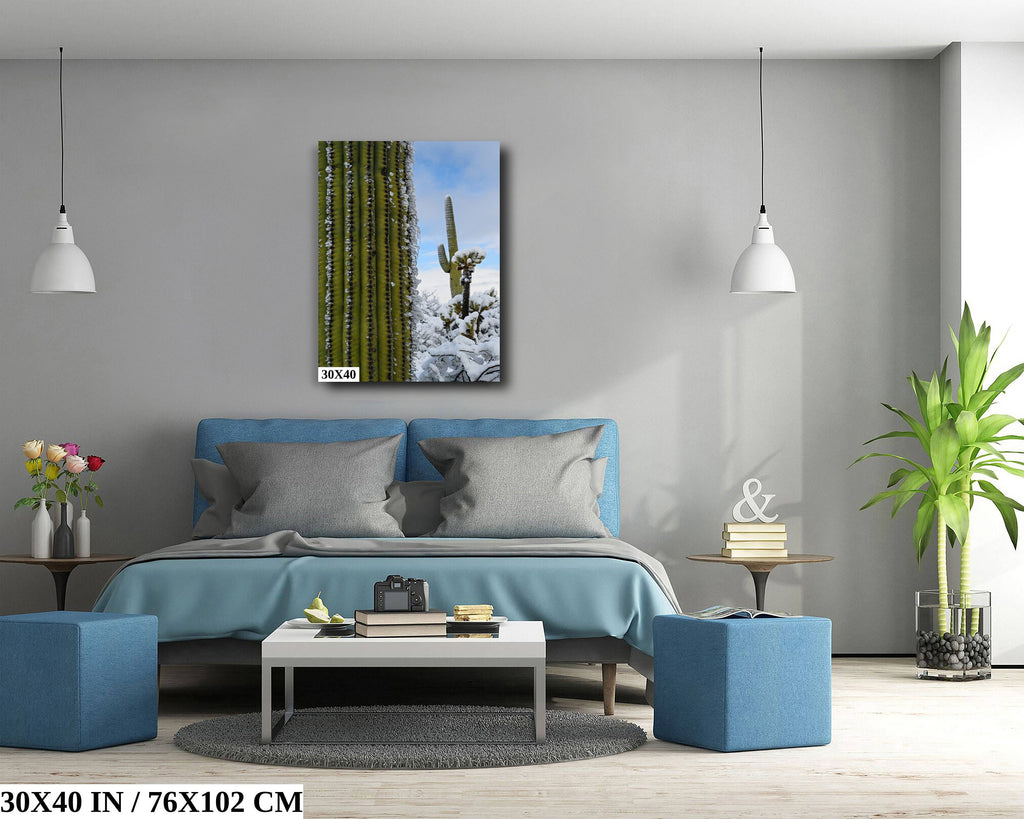 Frozen Giants: Snowfall on Saguaro National Park Cactus Winter Photography Home Wall Art