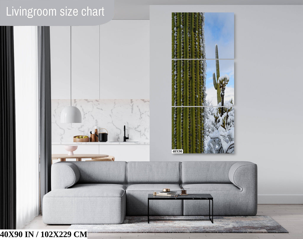 Frozen Giants: Snowfall on Saguaro National Park Cactus Winter Photography Home Wall Art