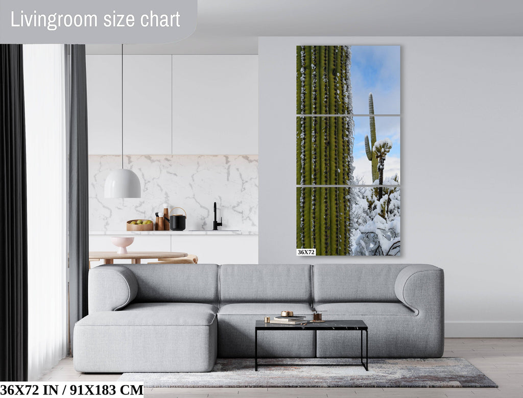 Frozen Giants: Snowfall on Saguaro National Park Cactus Winter Photography Home Wall Art