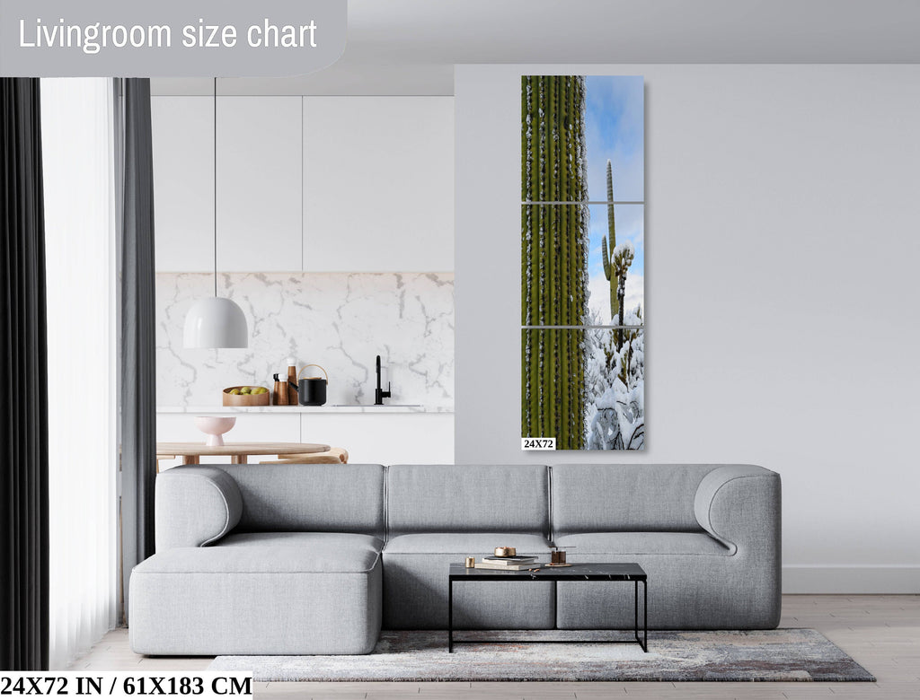 Frozen Giants: Snowfall on Saguaro National Park Cactus Winter Photography Home Wall Art