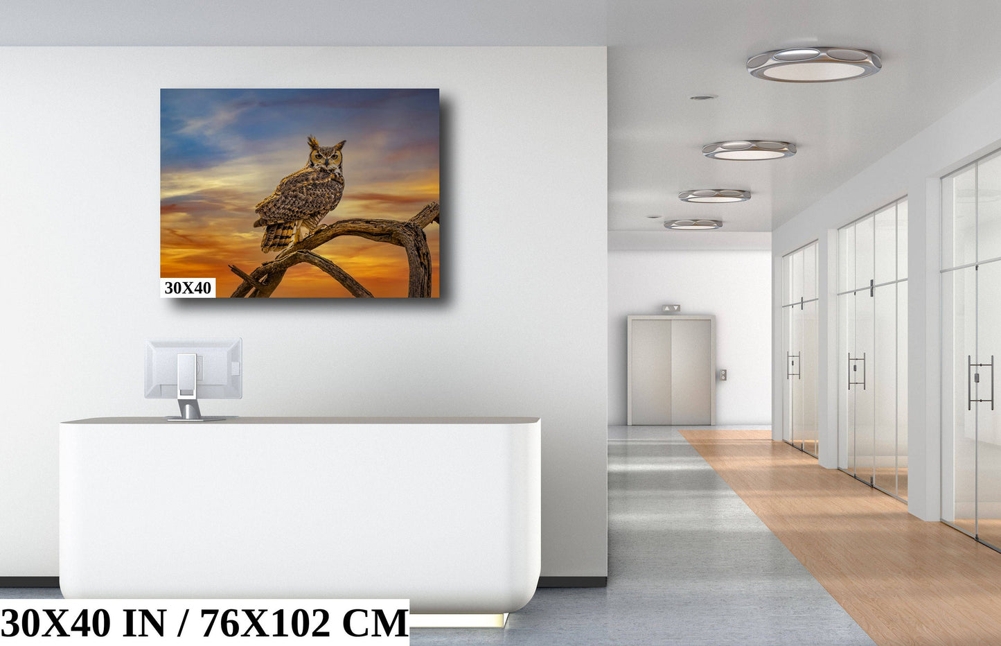 Silent Vigil: Great Horned Owl On a Branch Photography Painted Sky Canvas Print Bird Metal Wall Art