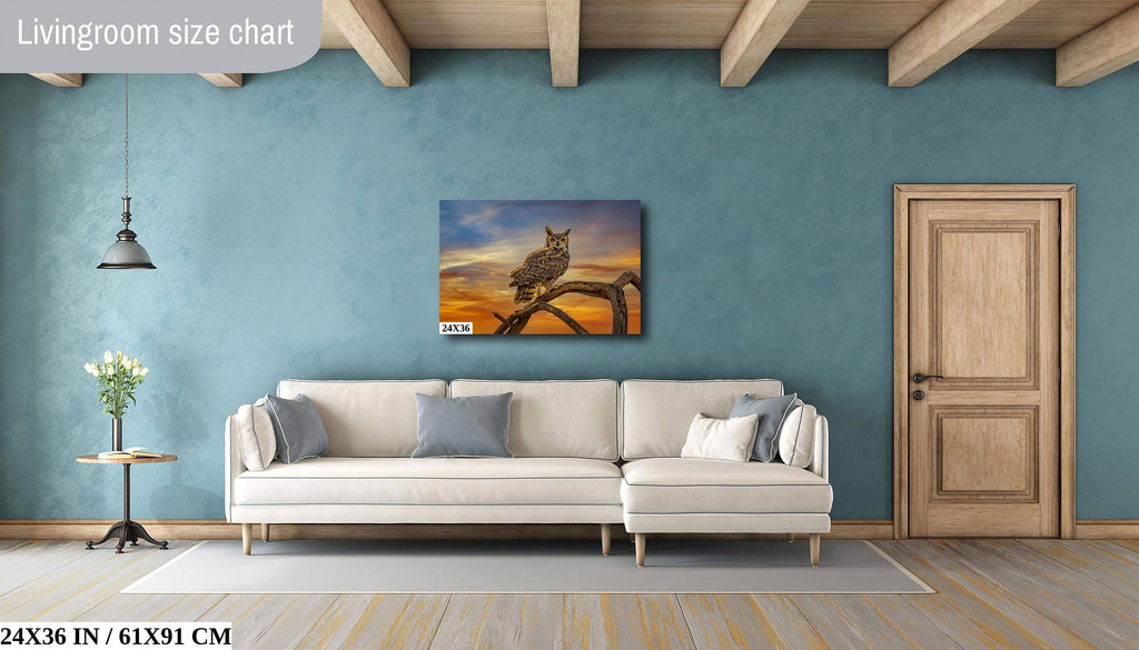 Silent Vigil: Great Horned Owl On a Branch Photography Painted Sky Canvas Print Bird Metal Wall Art