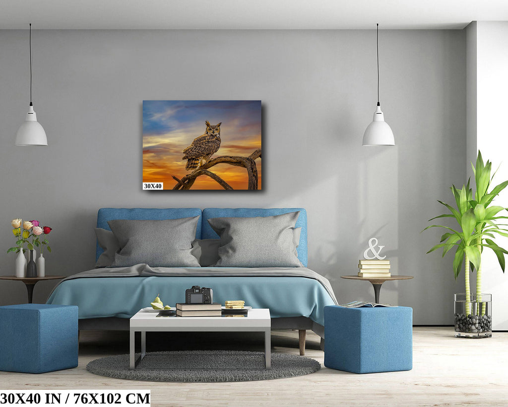 Silent Vigil: Great Horned Owl On a Branch Photography Painted Sky Canvas Print Bird Metal Wall Art