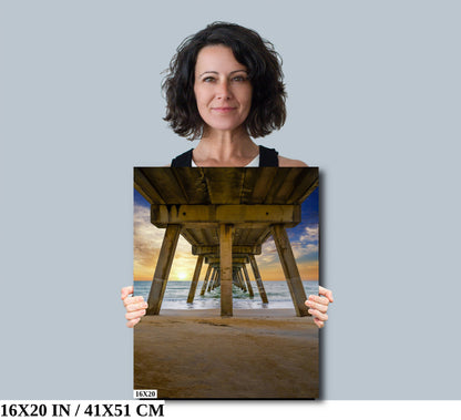 Pier Perspective: View Underneath Johnny Mercer Pier Photography Canvas Print North Carolina Seascape Wall Art