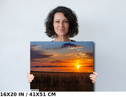 Amber Reflections of Great Salt Lake: Sunset at Antelope Island State Park Metal Aluminium Print Utah Wall Art Photography